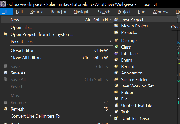 Eclipse IDE showing the File > New menu for creating Java and Maven projects
