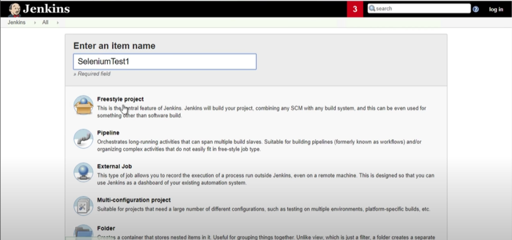 Jenkins interface showing new job creation with SeleniumTest1 and project type options