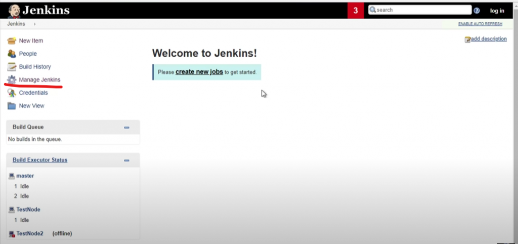 Jenkins dashboard showing 'Manage Jenkins' option highlighted in the left sidebar menu