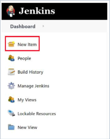 Jenkins dashboard highlighting the New Item option for creating a new job