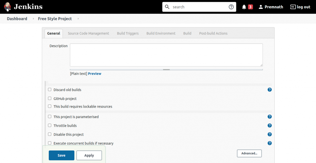Jenkins Freestyle Project general settings screen with configuration options