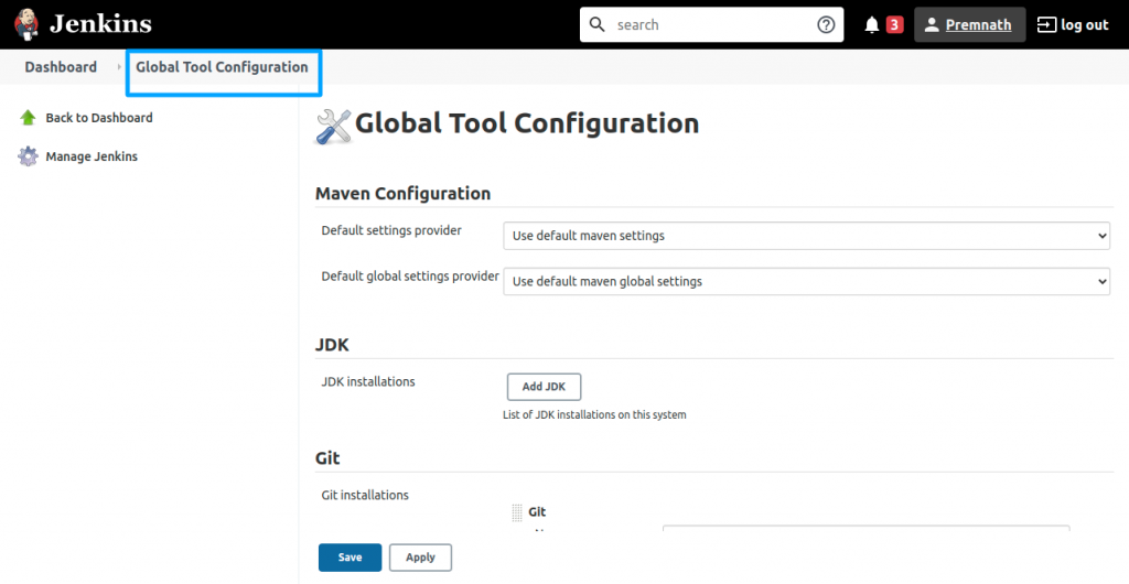 Jenkins Global Tool Configuration page with Maven, JDK, and Git setup options