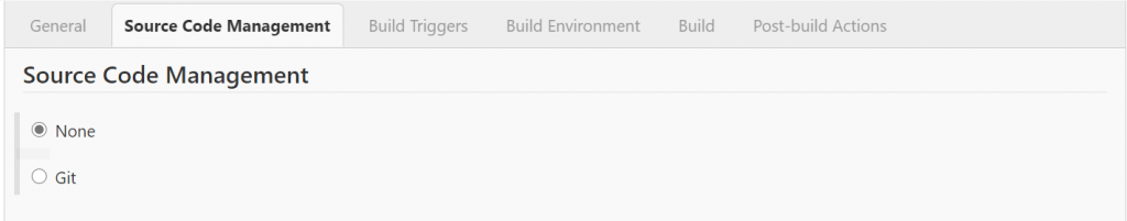 Jenkins Source Code Management tab with Git and None options visible