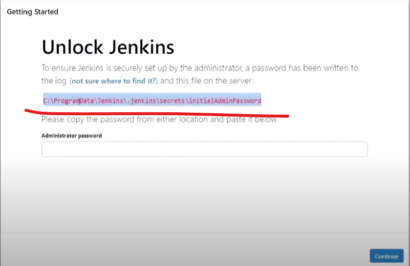 Jenkins screen showing the file path to locate the initial admin password on Windows