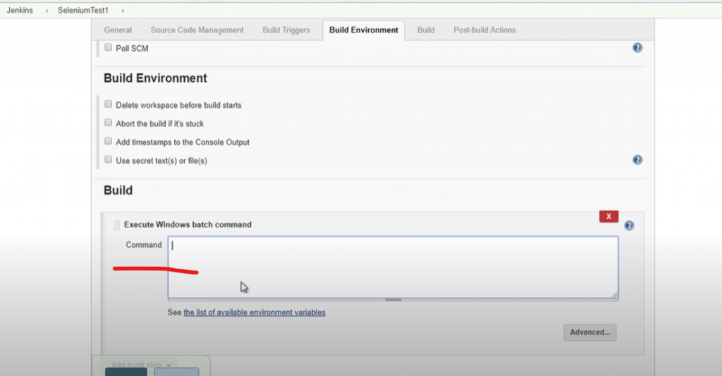 Jenkins build configuration showing Execute Windows batch command section